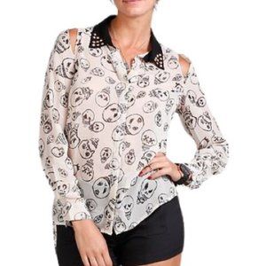 Mustard Seed Womens Button Up Blouse Sheer Chiffon Skull Print Studded Collar S